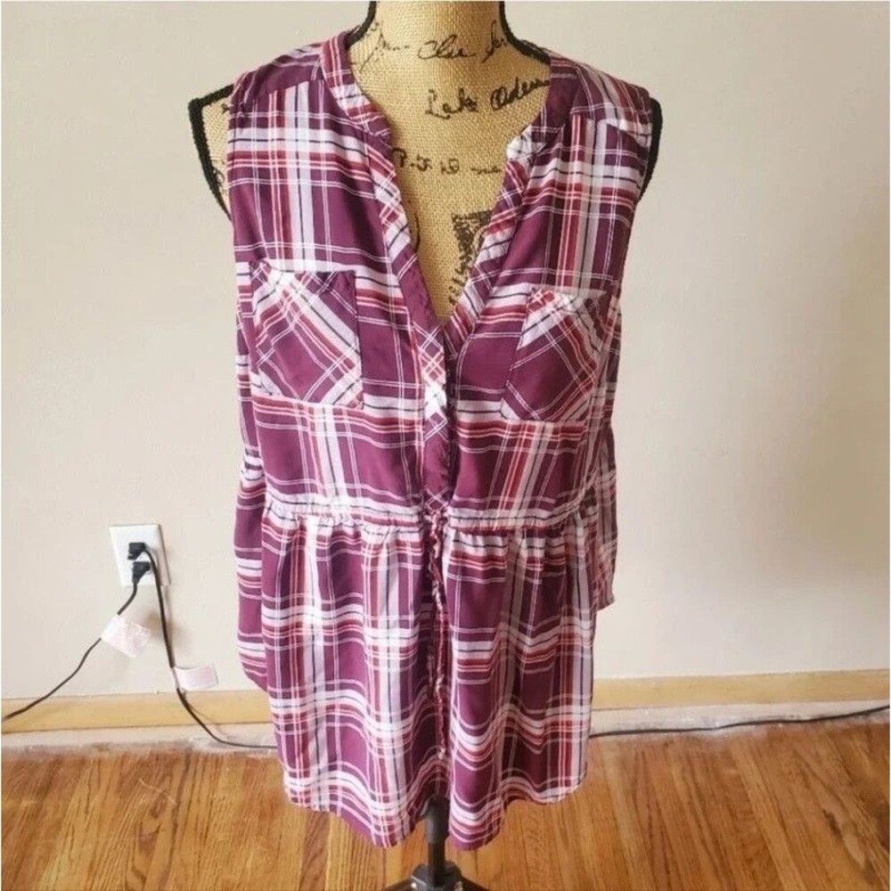 Torrid Womens Plaid Babydoll Sleeveless Blouse Shirt Top Size Large Burgundy 90s